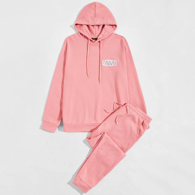 Guys Letter Embroidery Drawstring Hoodie & Sweatpants Set, Pastel coral pink