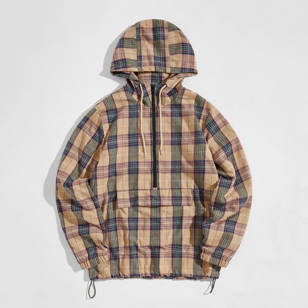 

Men Zip Up Drawstring Hem Plaid Hoodie, Multicolor