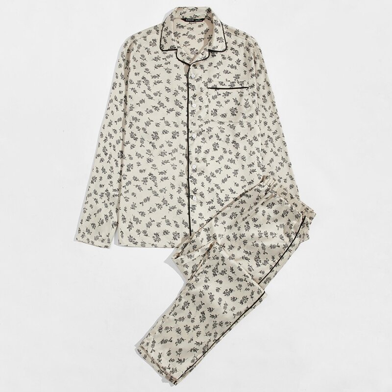 

Guys Notched Collar Contrast Binding Ditsy Floral Shirt & Pants PJ Set, Beige