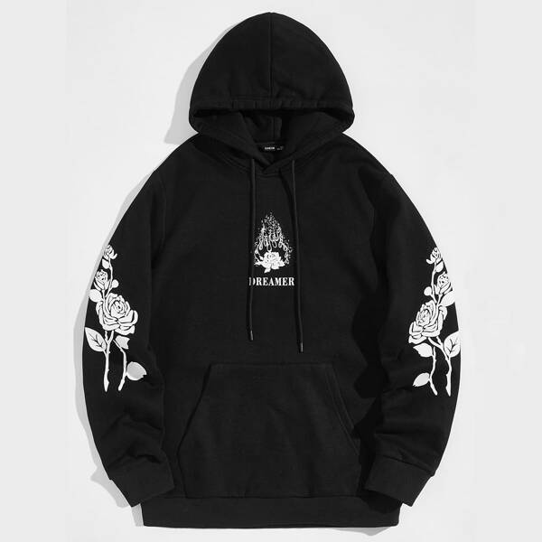 

Men Pouch Pocket Letter and Floral Print Hoodie, Black