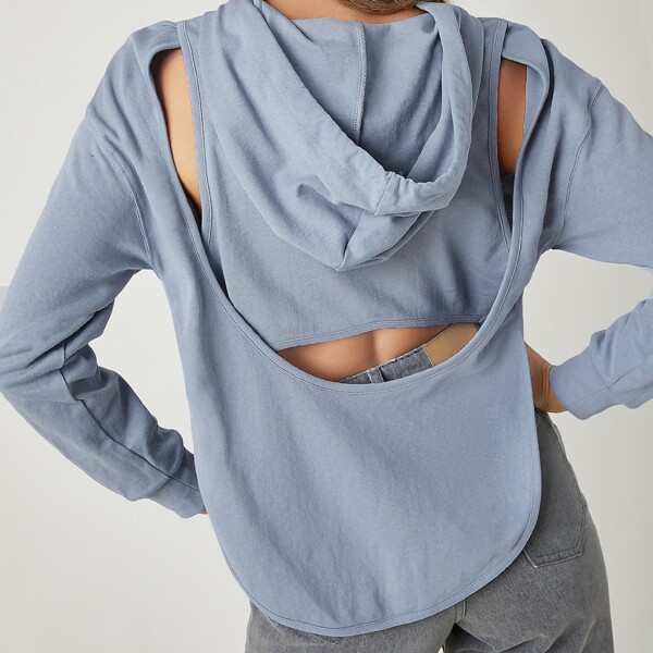 

Pouch Pocket Split Side Cut Out Back Hoodie, Dusty blue