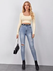 SHEIN Essnce 舀領短版合身上衣 - 米色 - 查看 3