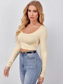 SHEIN Essnce 舀領短版合身上衣 - 米色 - 查看 4
