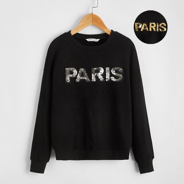 

Girls Color Change Sequin Letter Patched Pullover, Black