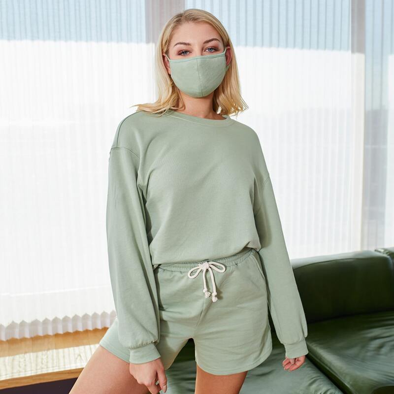 

Drop Shoulder Pullover With Mask & Drawstring Waist Shorts Set, Pastel mint green