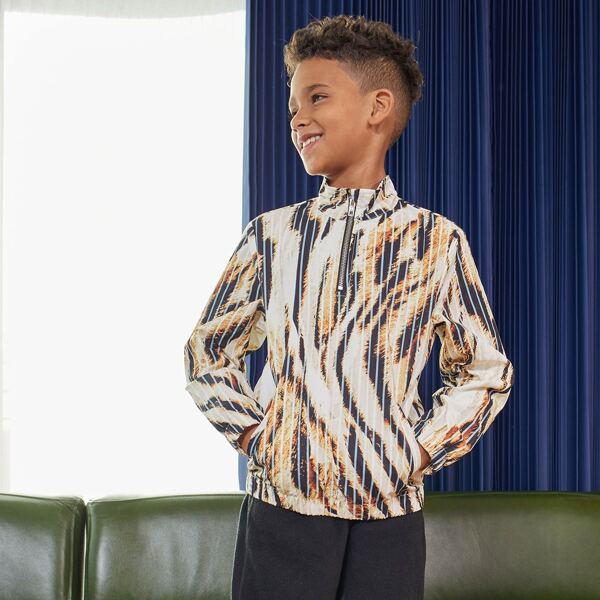 

Boys Zipper Half Placket Tiger Striped Jacket & Teddy Pants Set, Multicolor