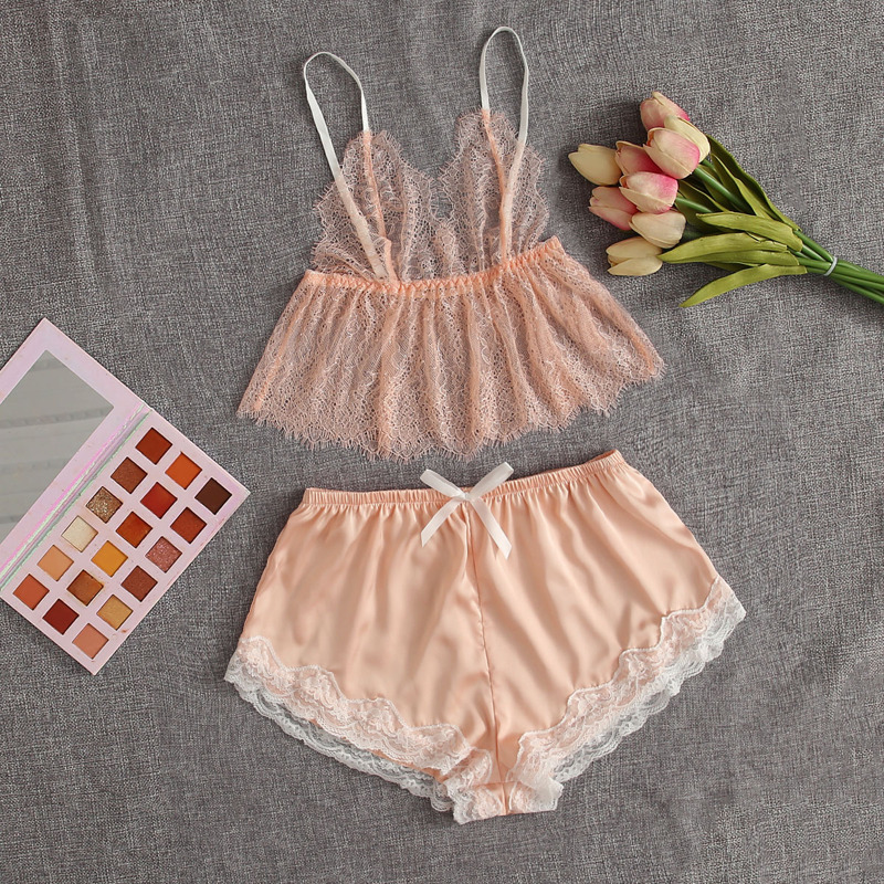 

Floral Lace Satin Lingerie Set, Pastel baby pink