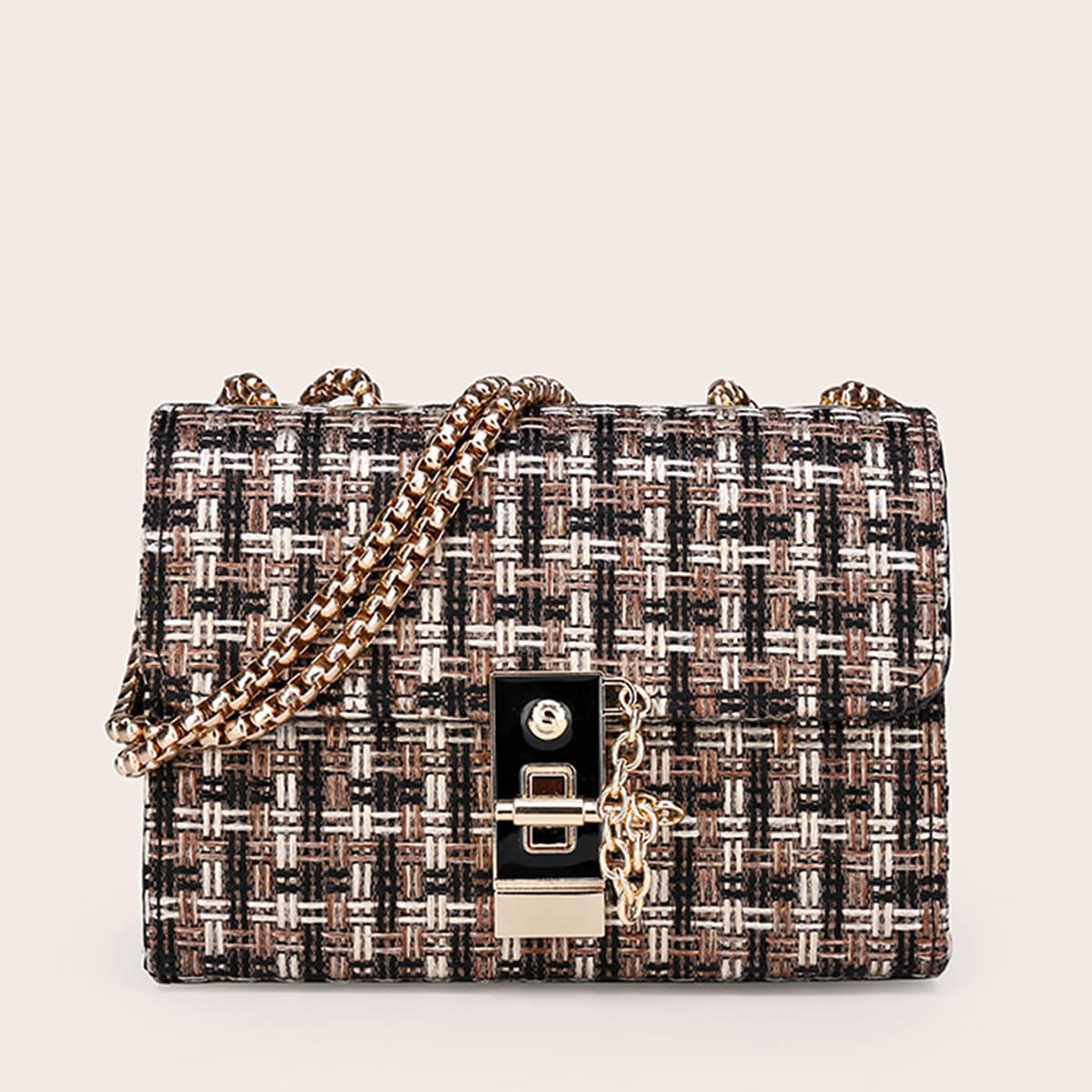 

Tweed Flap Chain Bag, Black