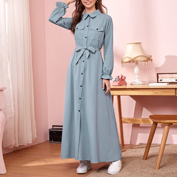 

Flounce Sleeve Flap Pockets Belted Shirt Dress, Dusty blue