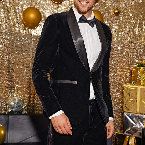 

Men Contrast Silky Shawl Collar Velvet Blazer, Black