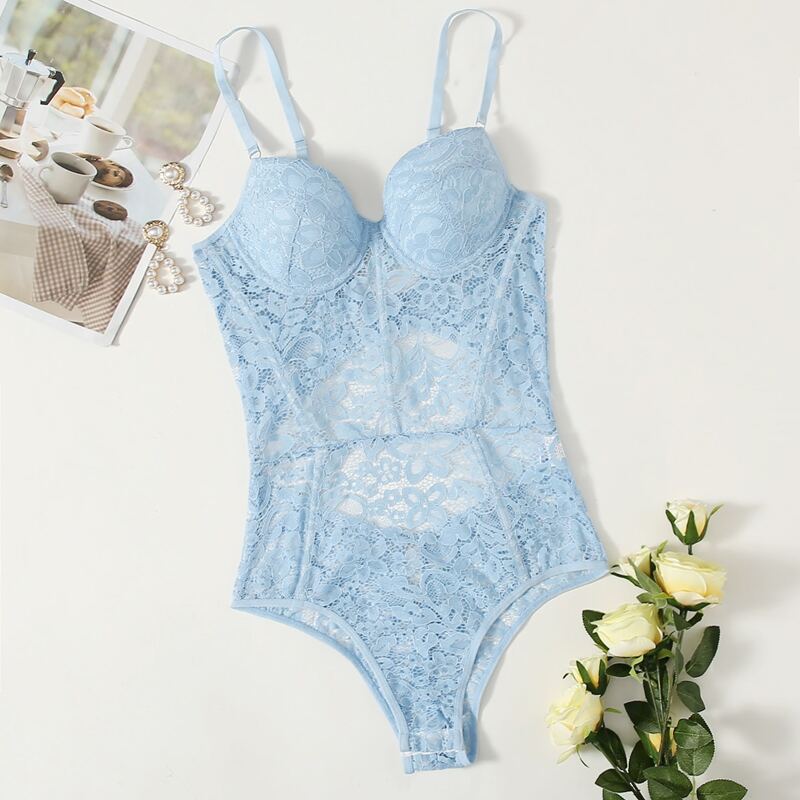 

Floral Lace Underwire Teddy Bodysuit, Pastel baby blue