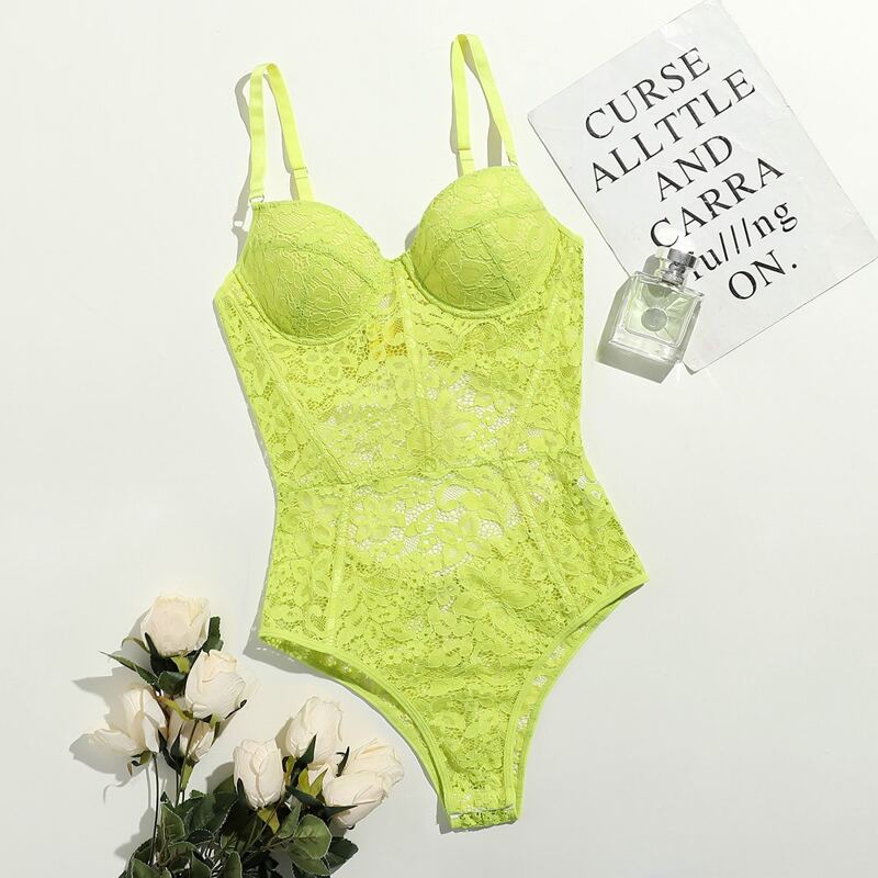 

Neon Lime Floral Lace Underwire Teddy Bodysuit, Yellow neon