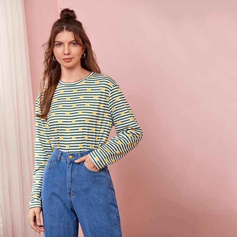 

Striped & Floral Print Tee, Multicolor