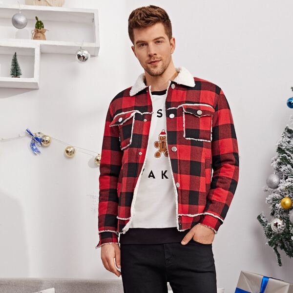 

Men Contrast Faux Shearling Collar Buffalo Plaid Jacket, Multicolor
