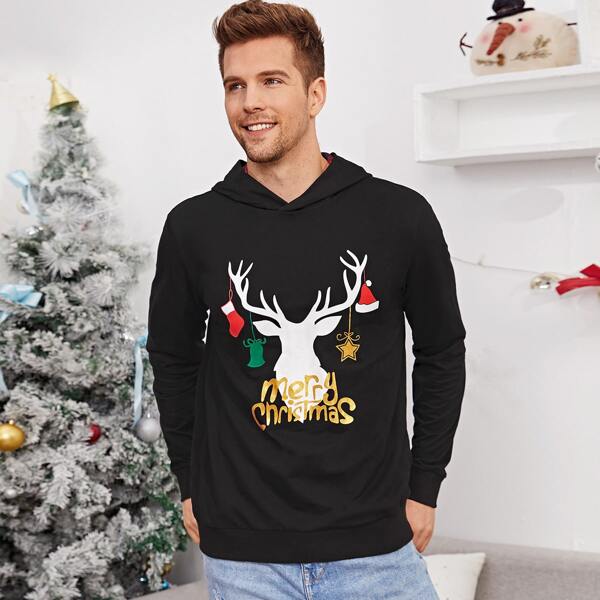 

Men Christmas Print Hoodie, Black