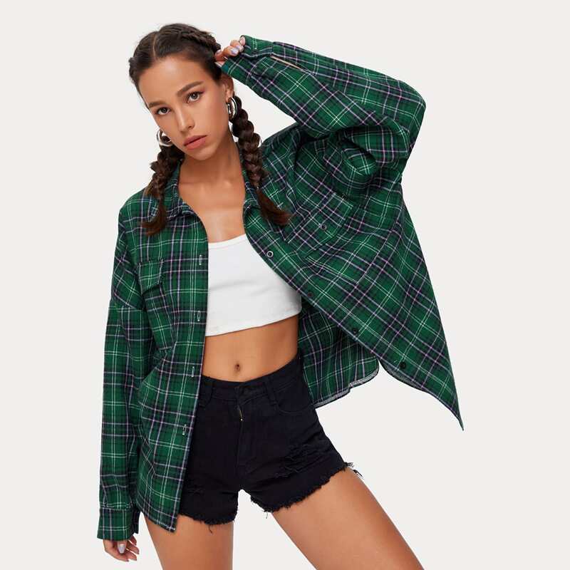 

Flap-Pocket Plaid Shirt, Dark green