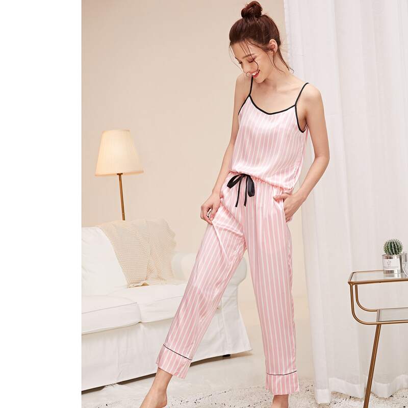 

Striped Contrast Binding Knot Satin Night Set, Baby pink
