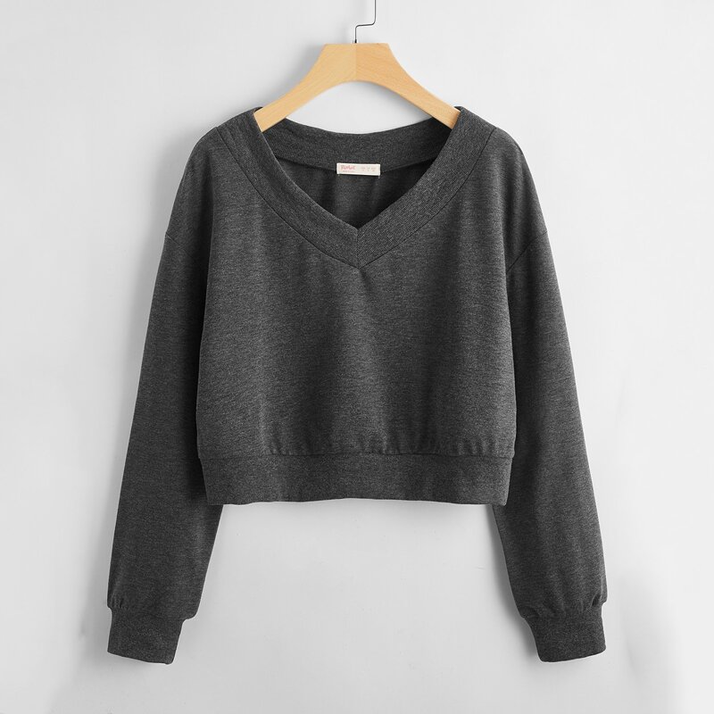 

V Neck Crop Sweatshirt, Dark grey