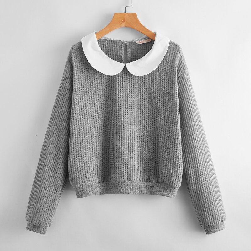 

Peter Pan Collar Waffle Knit Sweater, Grey