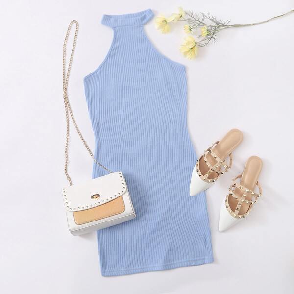 

Solid Rib-knit Halter Bodycon Dress, Pastel baby blue