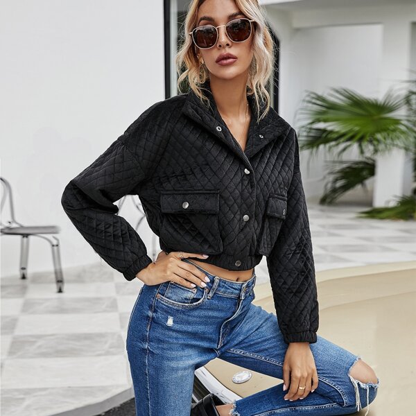 

Double Pocket Drop Shoulder Crop Velvet Jacket, Black