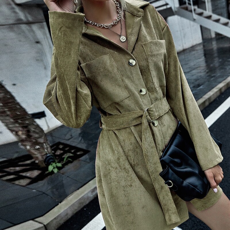 

Patch Pocket Buckle Belted Shirt Dress, Army green