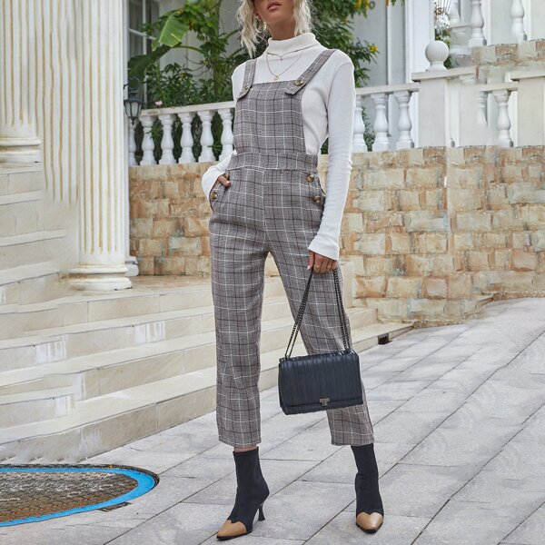 

Plaid Button Detail Overall, Grey