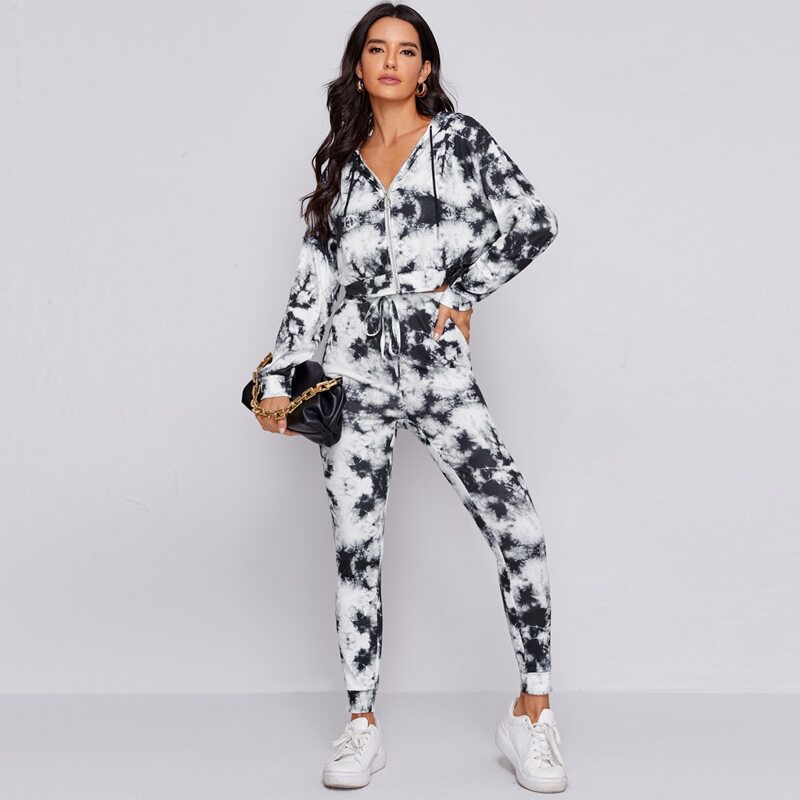 

Zip Up Tie Dye Hoodie & Sweatpants Set, Black and white