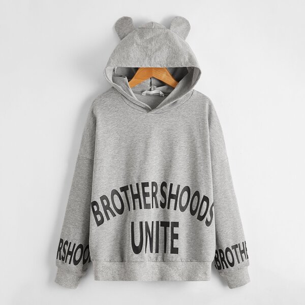 

Boys Letter Graphic Heather Gray Hoodie With Bear Ear, Light grey