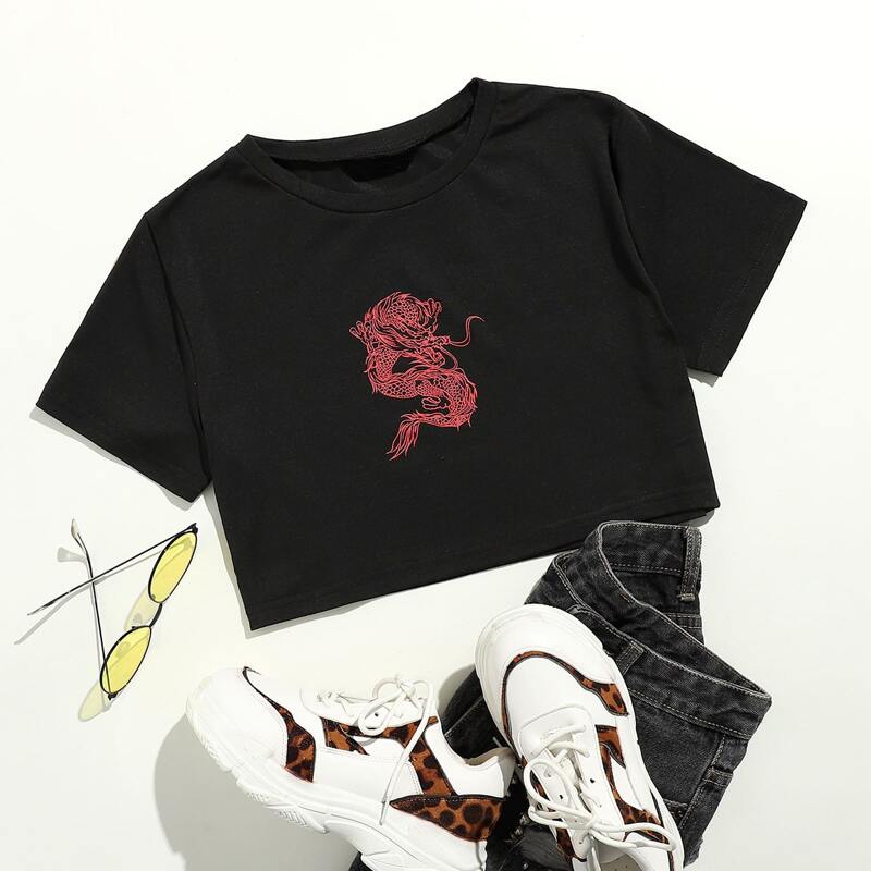 

Chinese Dragon Graphic Crop Tee, Black