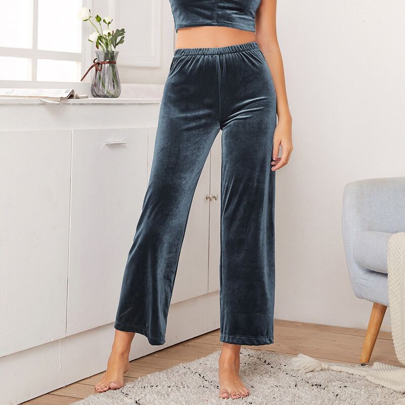 

Velvet Solid Wide Leg Sleep Pants, Dusty blue