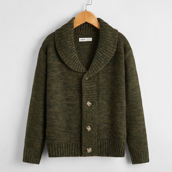

Boys Shawl Collar Button Placket Cardigan, Army green