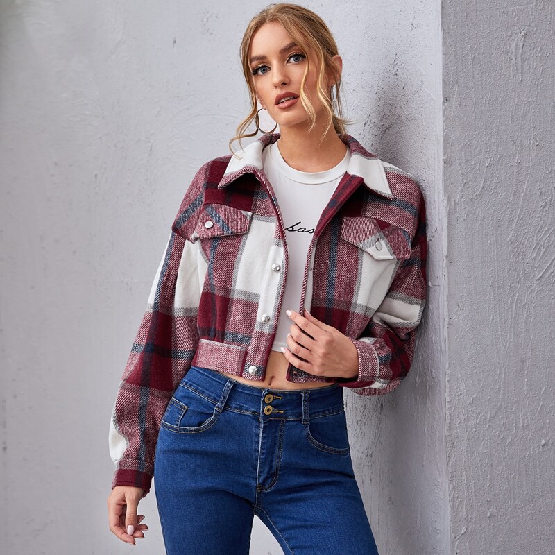

Plaid Flap Pockets Drop Shoulder Jacket, Multicolor