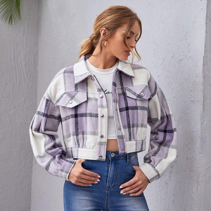 

Plaid Flap Pockets Drop Shoulder Jacket, Multicolor