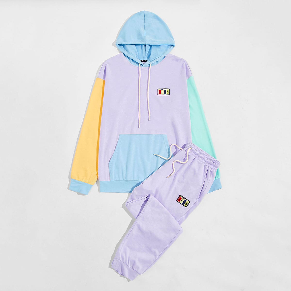 

Guys Drop Shoulder Patched Detail Colorblock Hoodie & Joggers Set, Multicolor