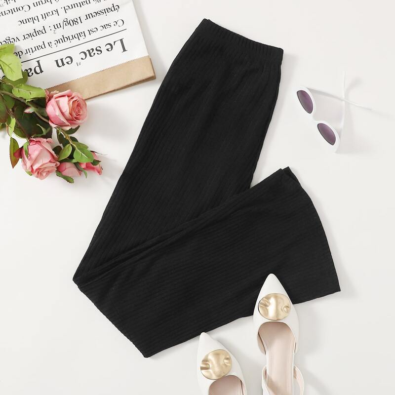 

Solid Elastic Waist Flared Leg Pants, Black