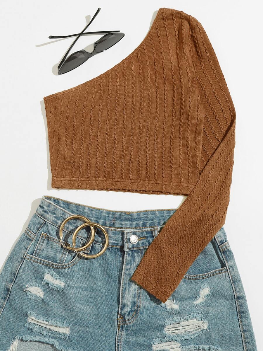 SHEIN EZwear 單肩合適合身短版T恤 - 鏽棕色 - 查看 1