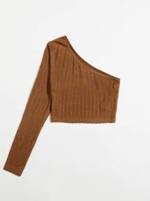 SHEIN EZwear 單肩合適合身短版T恤 - 鏽棕色 - 查看 2