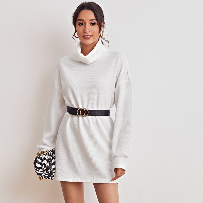 

Rolled Neck Drop Shoulder Dress Without Belt, White