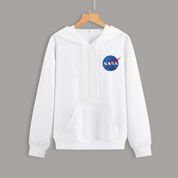 

Letter Graphic Kangaroo Pocket Drawstring Hoodie, White