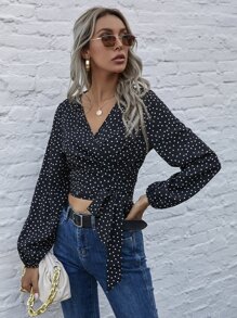 SHEIN VCAY Blus Simpul Polka Dot Boho - Hitam - View 1