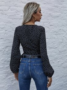 SHEIN VCAY Blus Simpul Polka Dot Boho - Hitam - View 2