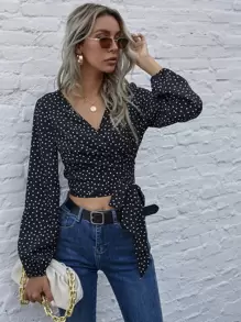 SHEIN VCAY Blus Simpul Polka Dot Boho - Hitam - View 3