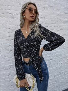 SHEIN VCAY Blus Simpul Polka Dot Boho - Hitam - View 4