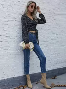 SHEIN VCAY Blus Simpul Polka Dot Boho - Hitam - View 5