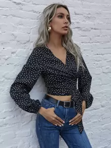 SHEIN VCAY Blus Simpul Polka Dot Boho - Hitam - View 7