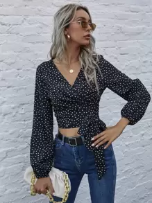 SHEIN VCAY Blus Simpul Polka Dot Boho - Hitam - View 8