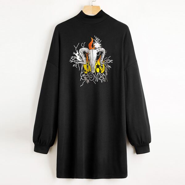 

Drop Shoulder Graphic Print Tee Dress, Black