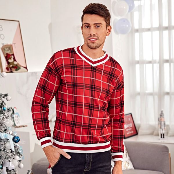 

Men Drop Shoulder Striped Trim Plaid Pullover, Red