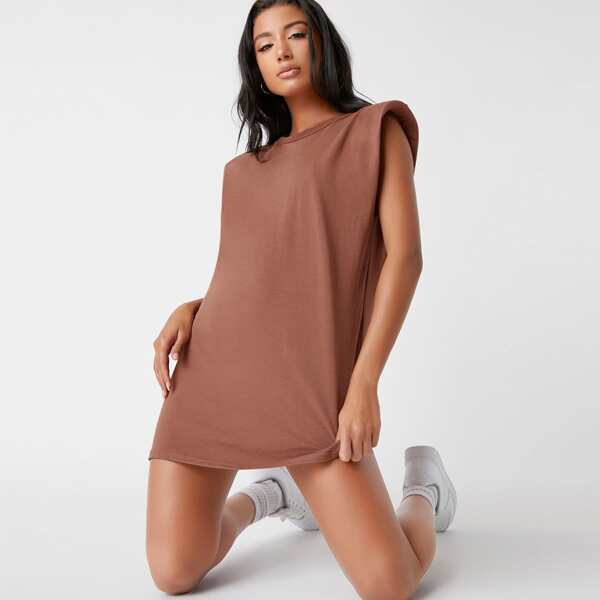 

Padded Shoulders Mini Muscle Dress, Rust brown